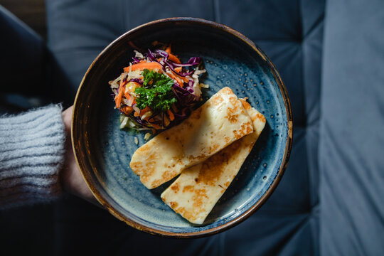 Tofu Cheese With Salad And Baked Potato.