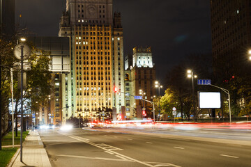 Fototapeta na wymiar Moscow, Russia, Oct 28, 2020: .The Ministry of Foreign Affairs of the Russian Federation building and Smolenskaya street in night.