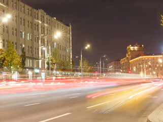 Moscow, Russia, Oct 28, 2020:  Graden Ring, Smolenskaya square, night traffic. Car traces. Long exposure