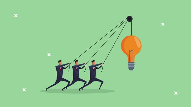 successful businessmen team pulling bulb light