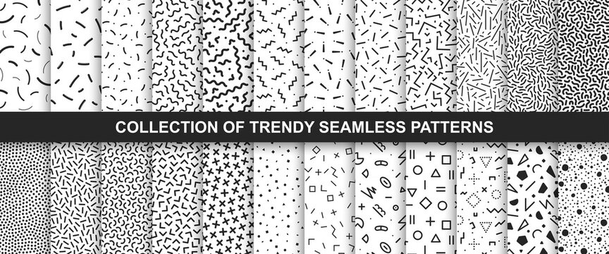 Big collection of memphis seamless vector patterns. Fashion design 80-90s. Black and white textures.