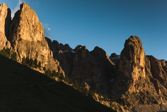 Mountain peak lit by sunset light..