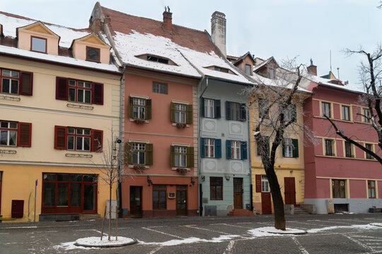 Streets of Sibiu with colourful Saxon houses, Transylvania, Romania