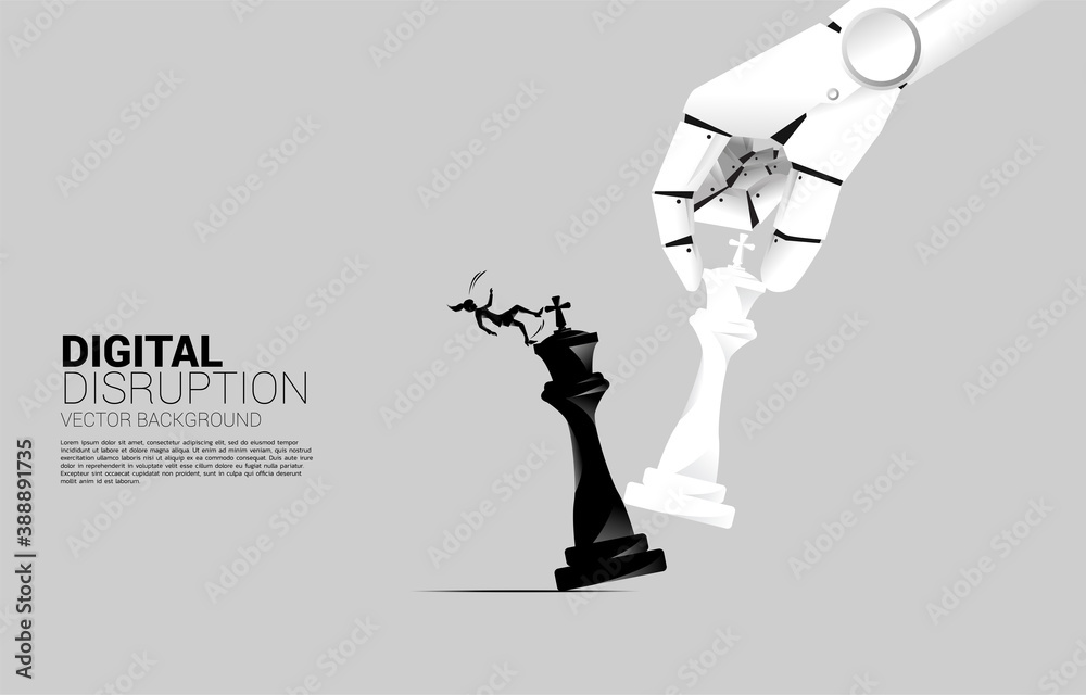 Poster silhouette of businesswoman slip and falling down from robot hand move chess piece to checkmate king