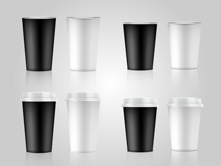 Coffee Paper Cups Collection Vector Mockup, Realistic Black and White Coffee cups