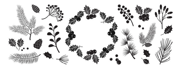 Christmas vector black decor elements. Wreath, holly berry, winter plants, christmas tree, pine, leaves branches isolated on white background, winter illustration.