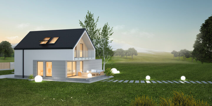 Evening view of a single family modern house with empty space. 3D illustration 