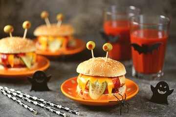 Funny monster burgers with chicken, tomato, cucumber, toast cheese and olive eyes. Food for...