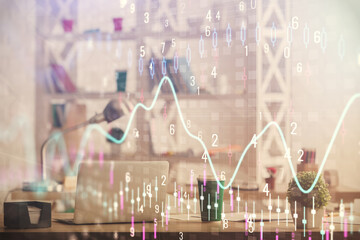 Double exposure of stock market graph drawing and office interior background. Concept of financial analysis.