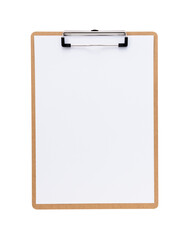 A clipboard with white paper on a white background
