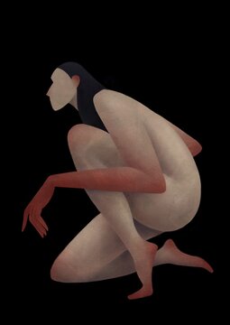 Naked girl with red hands on a black background. Human form concept
