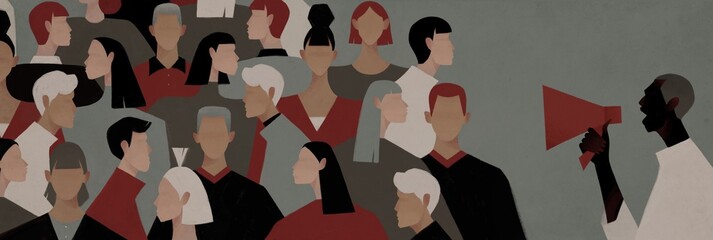 Black man shouts in a megaphone at a crowd of white people. Black life matters concept