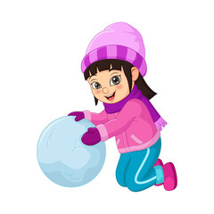 Cute little girl in winter clothes playing snowball