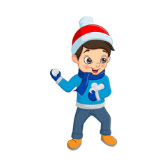Cute little boy in winter clothes throwing snowball