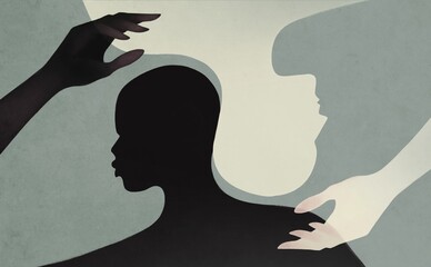 Black life matters concept. Silhouette black and white man hug each other.