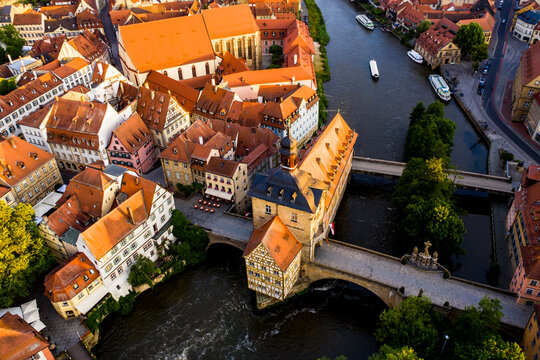 Regnitz riiver and town hall at Bamberg, Bavaria, Germany