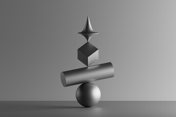Three dimensional render of metallic top spinning on top of geometric cube, cylinder and sphere