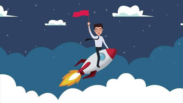 elegant successful businessman flying in rocket with flag in clouds