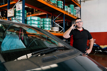 Mechanic talking over mobile phone while standing by car in auto repair shop