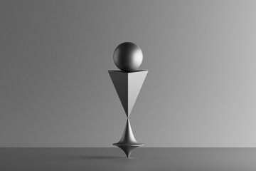 Three dimensional render of metallic top spinning under geometric pyramid and sphere