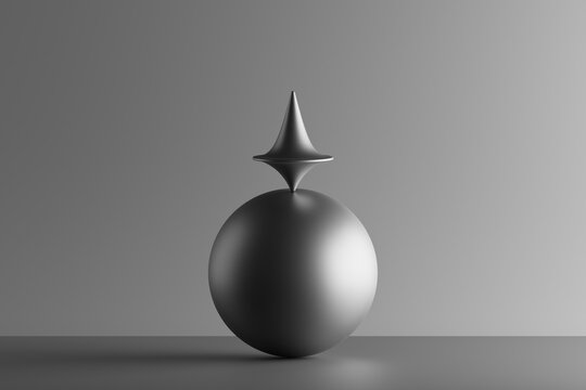 Three dimensional render of metallic top spinning on top of sphere