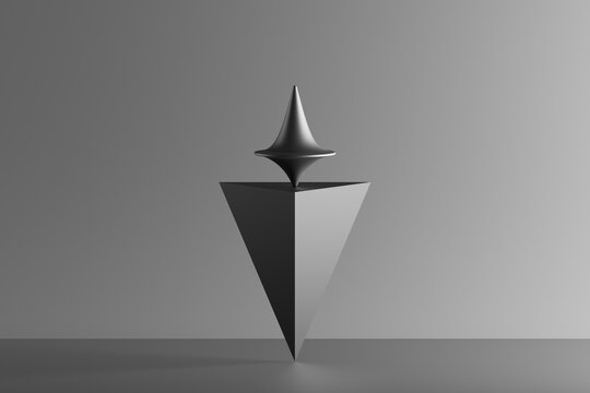 Three dimensional render of metallic top spinning on top of geometric pyramid standing upside down