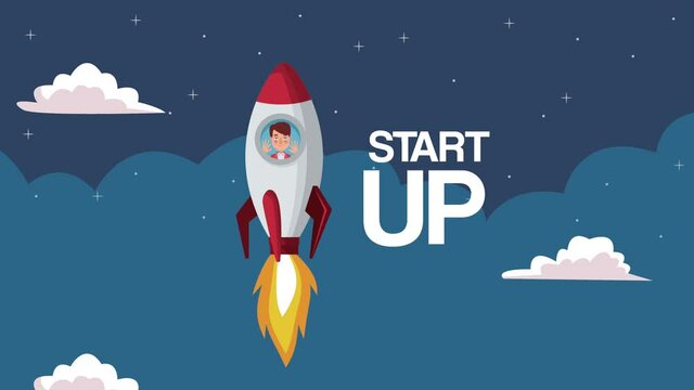 elegant successful businessman inside rocket in the sky