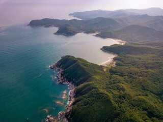 Aerial view of forested coastline at dusk