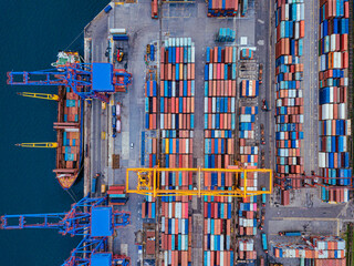 Russia, Primorsky Krai, Vladivostok, Aerial view of cargo containers in commercial dock