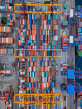 Russia, Primorsky Krai, Vladivostok, Aerial view of cargo containers in commercial dock