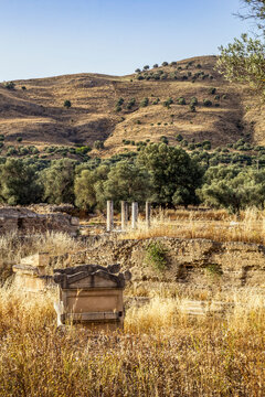 Ancient apollon templeagainst mountain at Gortyn, Crete, Greece