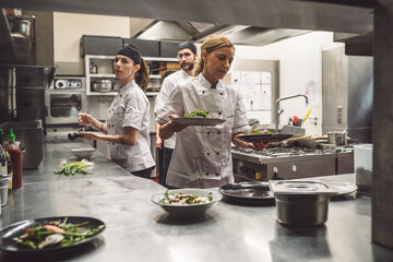 Female and male chefs working in commercial kitchen