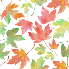seamless pattern, watercolor illustration, autumn fallen leaves, oak, maple, wallpaper and fabric ornament, wrapping paper