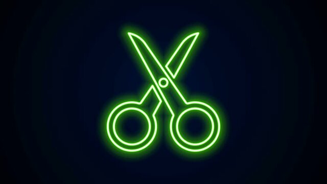 Glowing neon line Scissors icon isolated on black background. Cutting tool sign. 4K Video motion graphic animation.