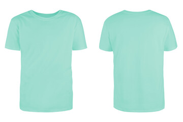 Men's turquoise blank T-shirt template,from two sides, natural shape on invisible mannequin, for your design mockup for print, isolated on white background..