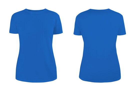 Women's blue blank T-shirt template,from two sides, natural shape on invisible mannequin, for your design mockup for print, isolated on white background...