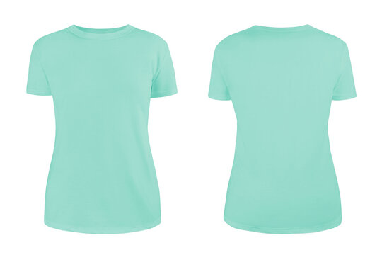 Women's turquoise blank T-shirt template,from two sides, natural shape on invisible mannequin, for your design mockup for print, isolated on white background...