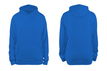 woman's blue blank hoodie template,from two sides, natural shape on invisible mannequin, for your design mockup for print, isolated on white background.