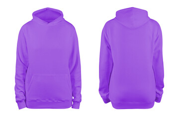 woman's violet blank hoodie template,from two sides, natural shape on invisible mannequin, for your design mockup for print, isolated on white background.