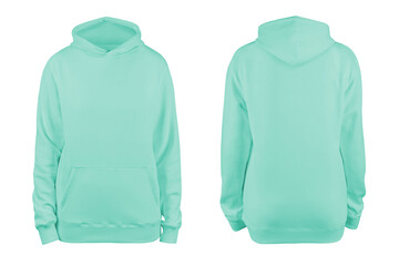 woman's turquoise blank hoodie template,from two sides, natural shape on invisible mannequin, for your design mockup for print, isolated on white background.