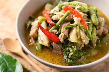 Northern Thai food (Kaeng Khae), Spicy curry soup with pork and mixed local vegetables and herbs,...