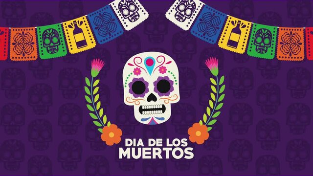 dia de los muertos celebration with skull painted and garlands