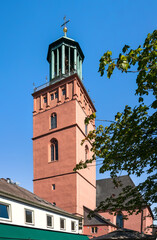 Fototapeta na wymiar Tower of the Evangelischen Stadtkirche in the city centre of Darmstadt, Germany