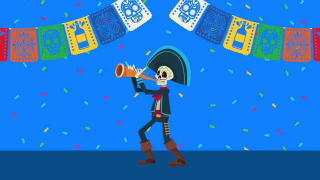 dia de los muertos celebration with mariachi skull playing trumpet and garlands