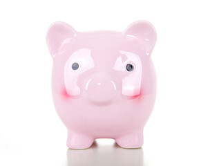 A pink piggy bank on white background