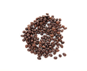 A pile of spread coffee beans on white background