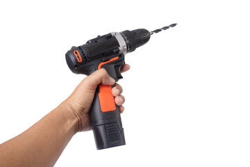Hand holding handheld electric drill for wood work.