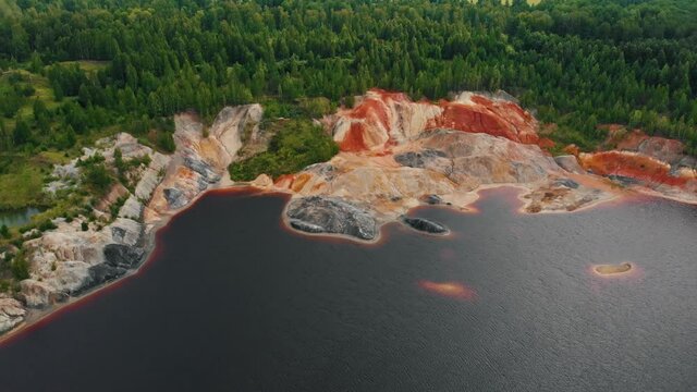 Bloody red water in the river and clay mountains