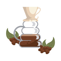 coffee plant grains and leafs with maker utensil