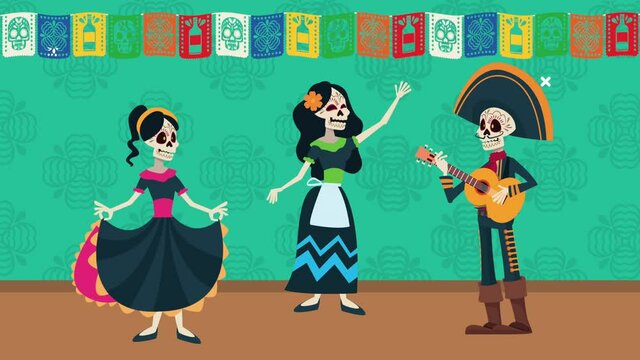 dia de los muertos celebration with mariachis group skulls and garlands